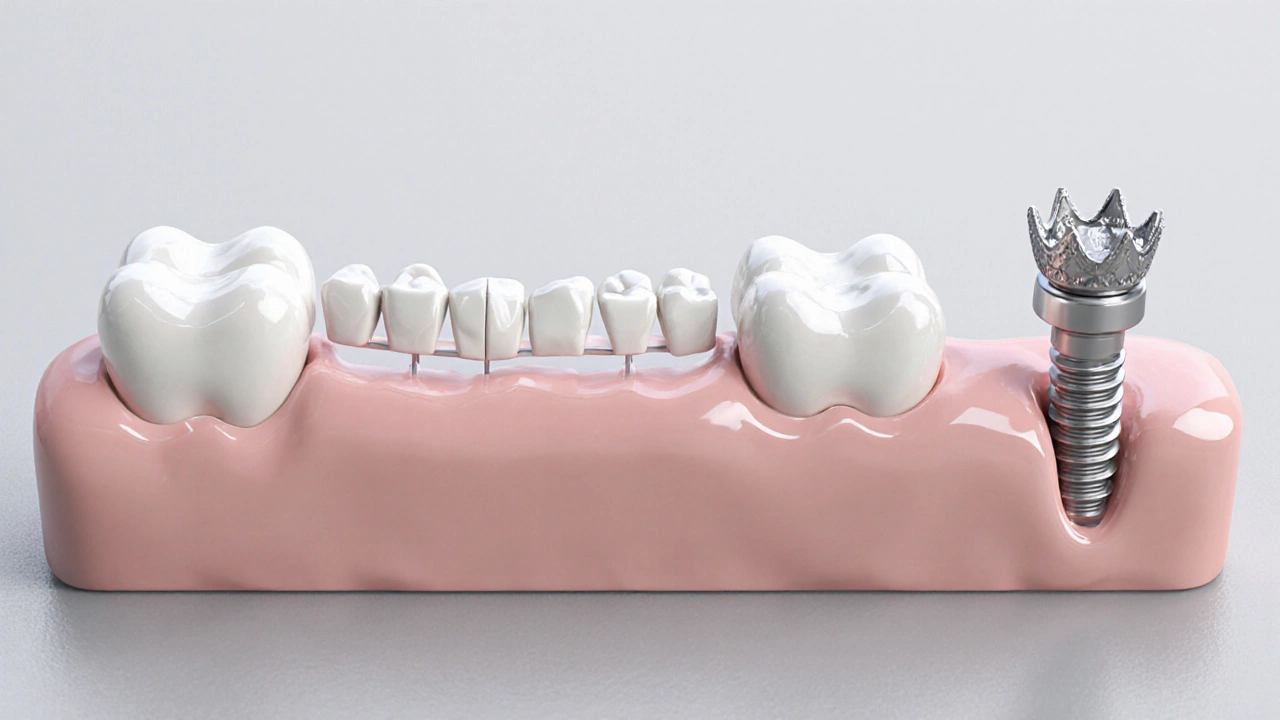 Čtyři zuby ukazují různé rekonstrukce: korunka, most, inlay a implantát.