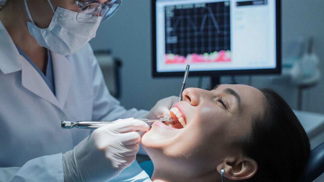 Dentista provádí scaling a měří dásňové kapsy, ukázka čistých dásní v ordinaci.