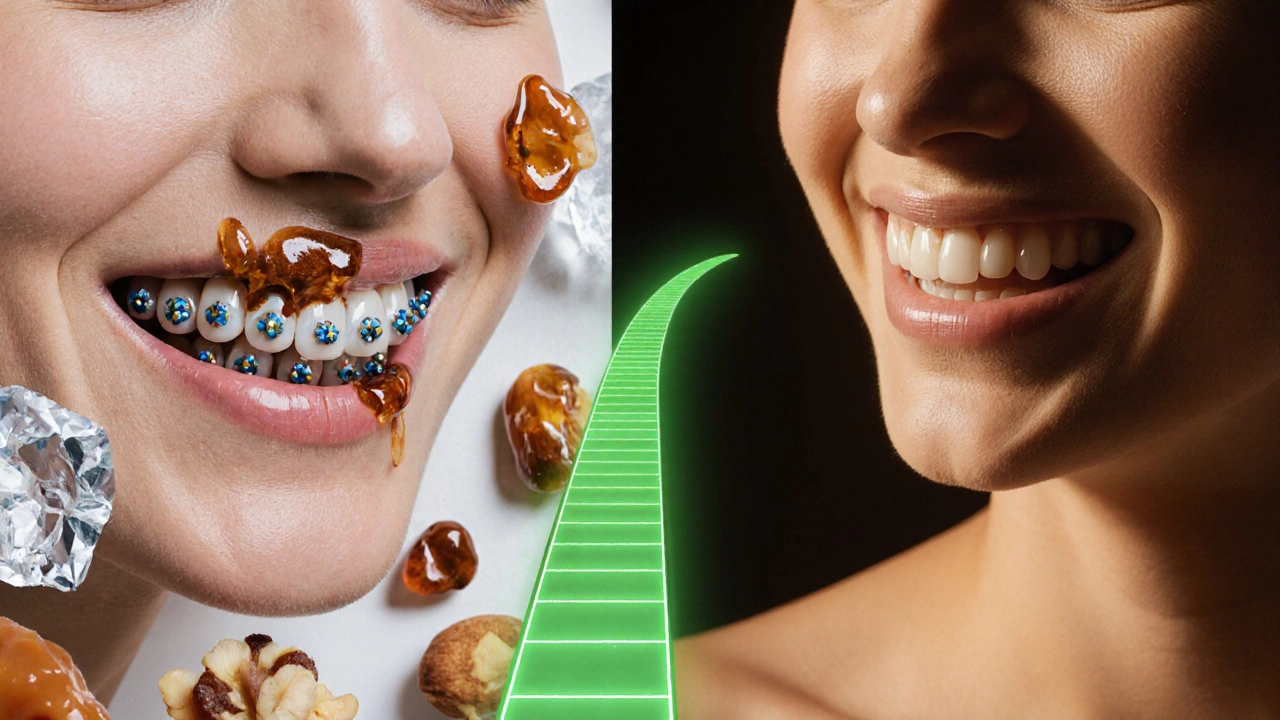 Dvě paralelní scény: poškozené vs. pečlivě udržované rovnátka s potravinami.