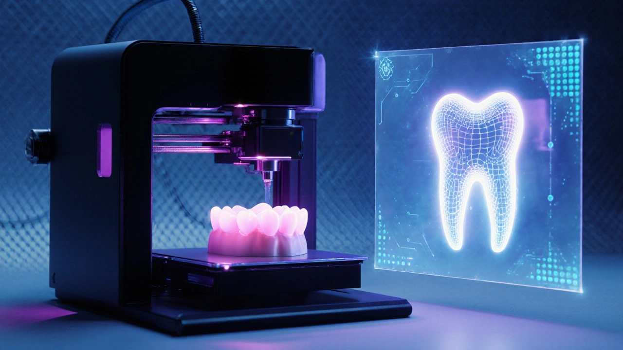 Futuristická laboratoř s 3D tiskárnou a holografickým AI modelem zubů.