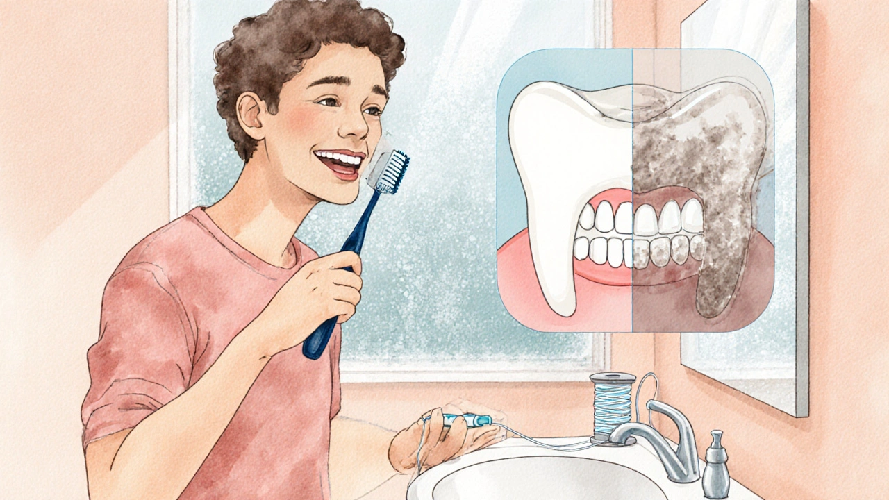 Ilustrace denní péče o ústní hygienu s kartáčkem, nití a čistým zubem.