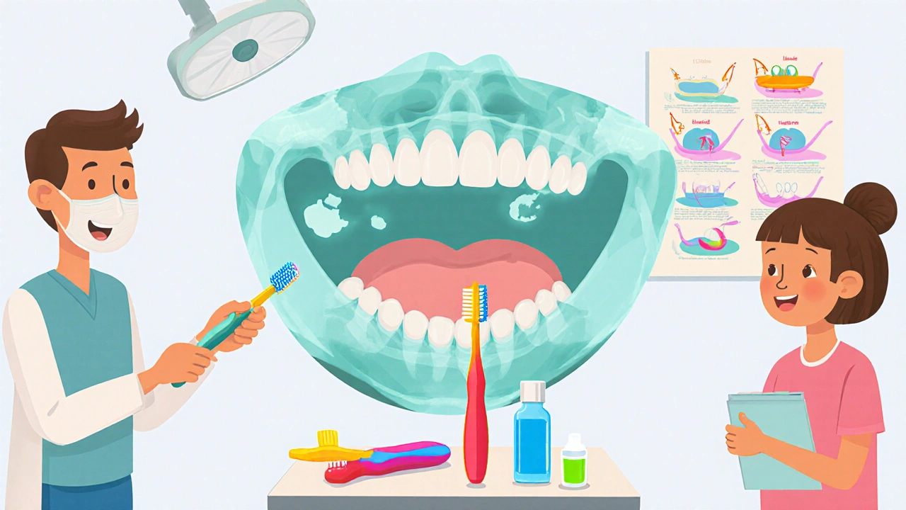 Ilustrace dětského zubního vyšetření s rentgenem, kartáčkem a fluoridem.