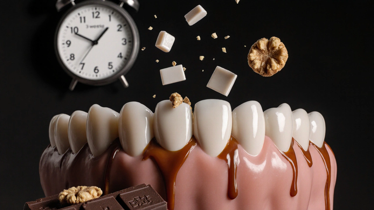 Keramický závěs se rozbíjí při kousnutí ořechu, drobky létají vzduchem.