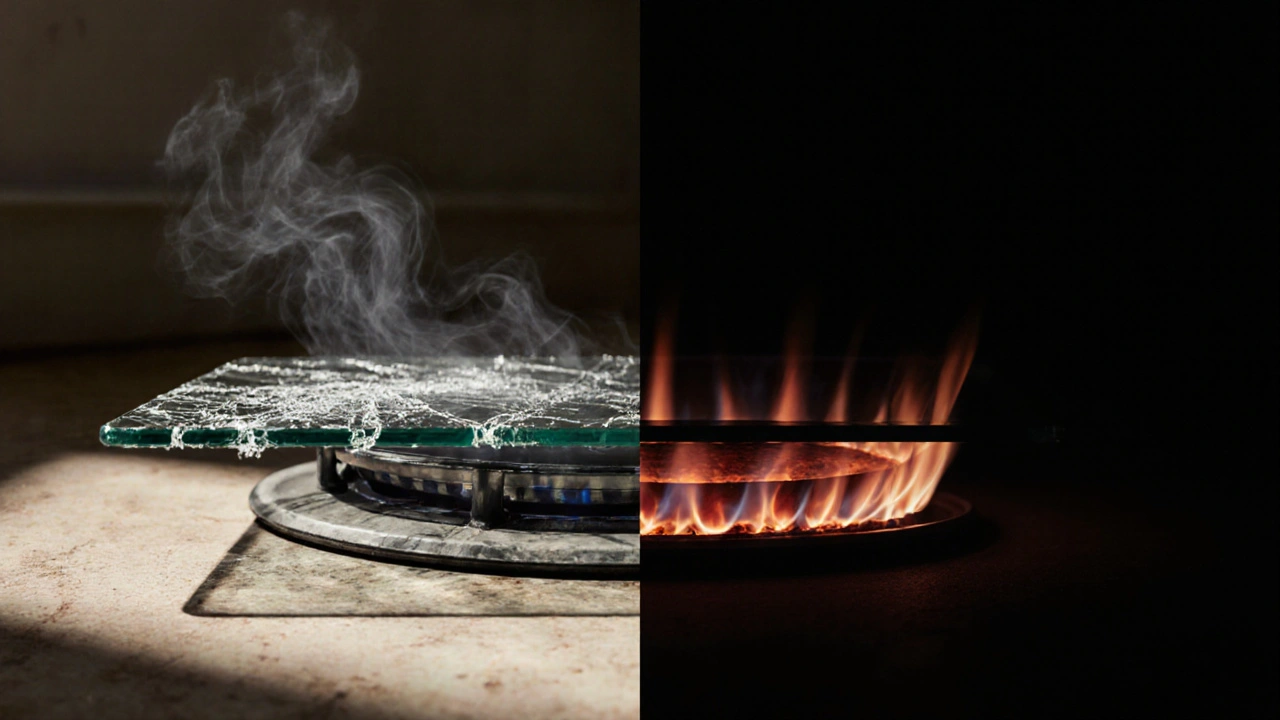 Kontrast mezi poškozeným běžným sklem a bezpečným keramickým sklem pod kamny, symbolizující nebezpečí a bezpečnost.