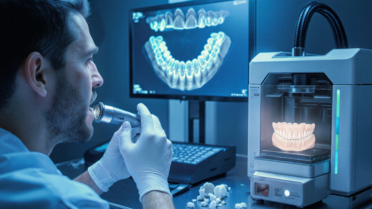 Laboratoř s 3D skenerem, počítačovým modelem korunky a CNC/3D tiskárnou vyrábějící korunku.