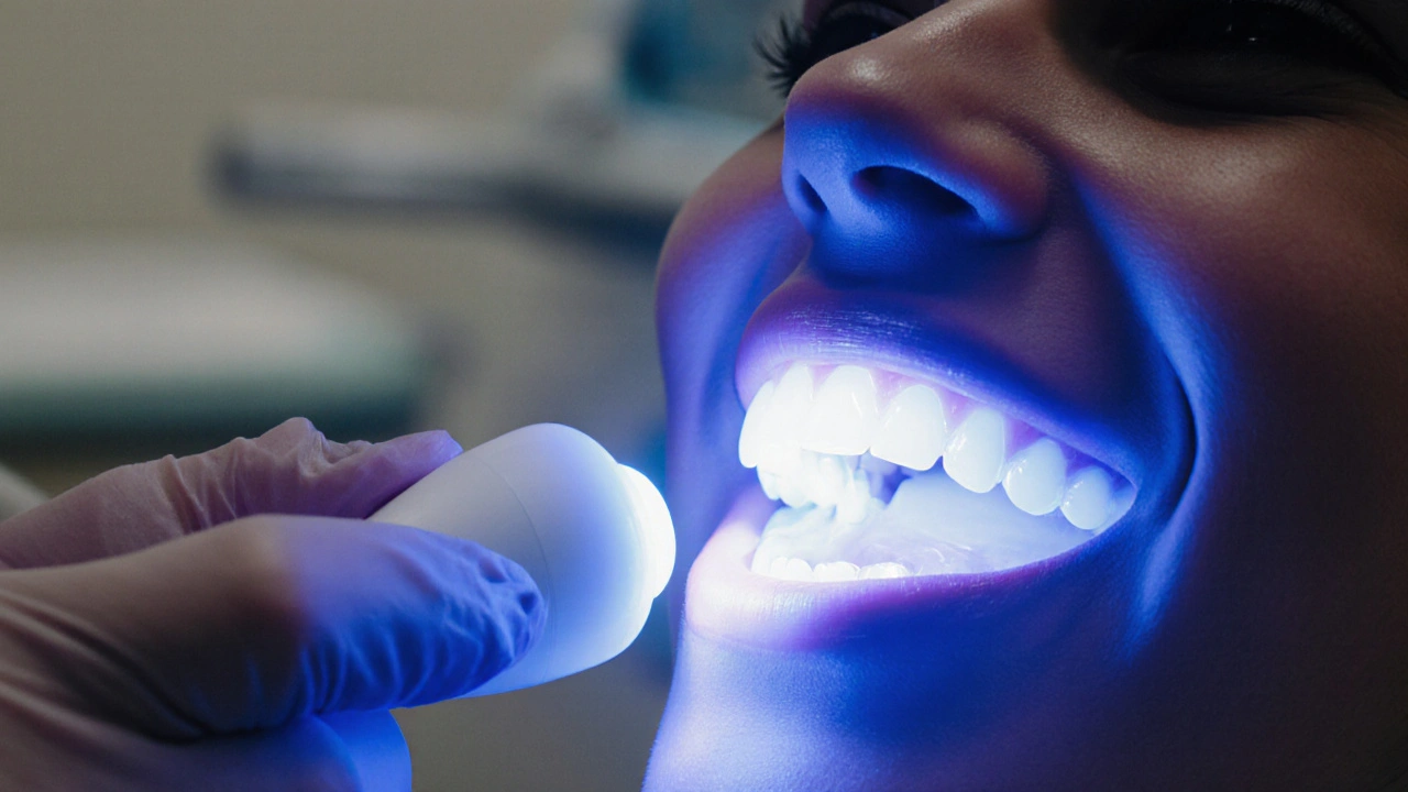 LED světlo osvětluje úsměv pacienta během profesionálního bělení.