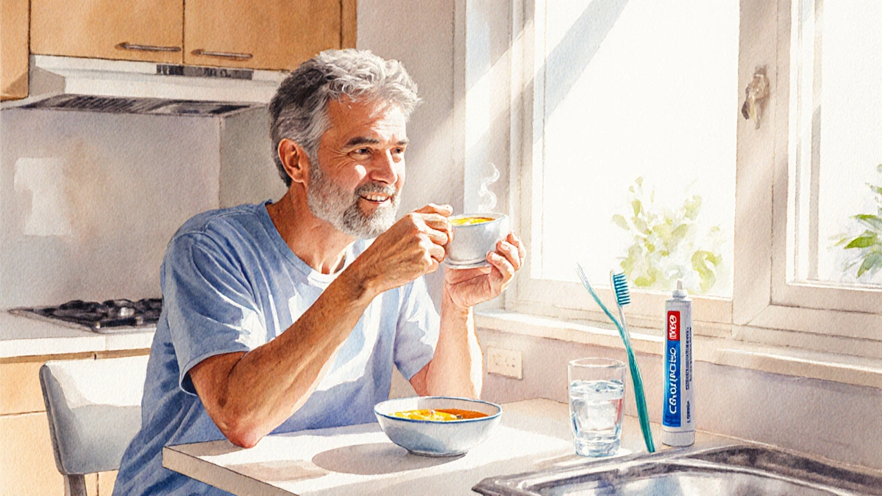 Osoba po zákroku jí teplou polévku a čistí zuby v útulné kuchyni.