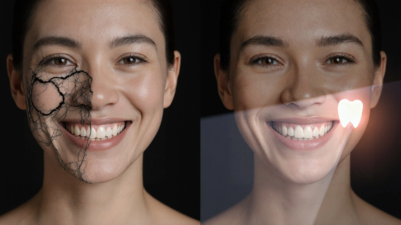 Před a po: prasklý zub se stává přirozeně vypadajícím, opraveným zubem.