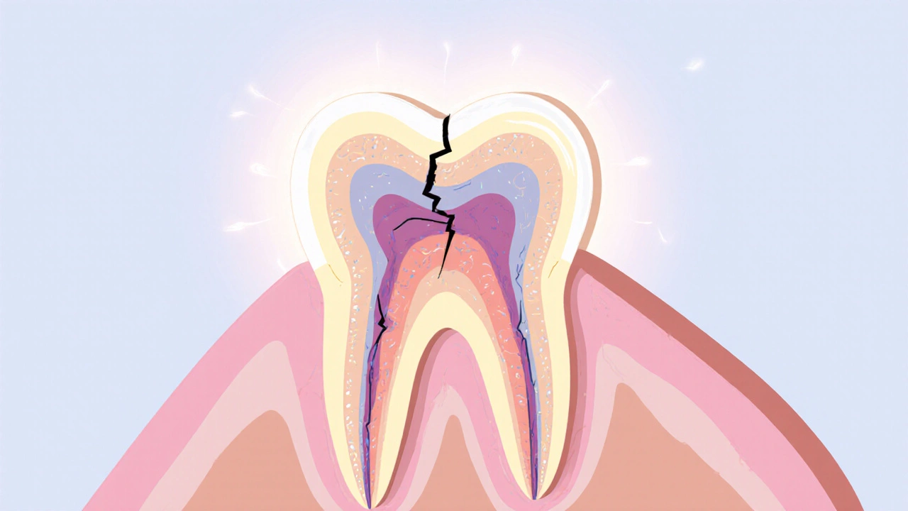 Příčný řez zubem s viditelnou prasklinou a kompozitní náplastí.