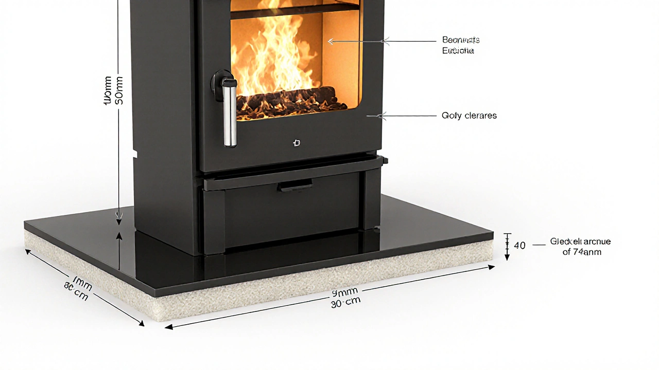 Průřez kamna s keramickým sklem a minerální vatou pod ním, s vyznačenými bezpečnými rozměry kolem zařízení.