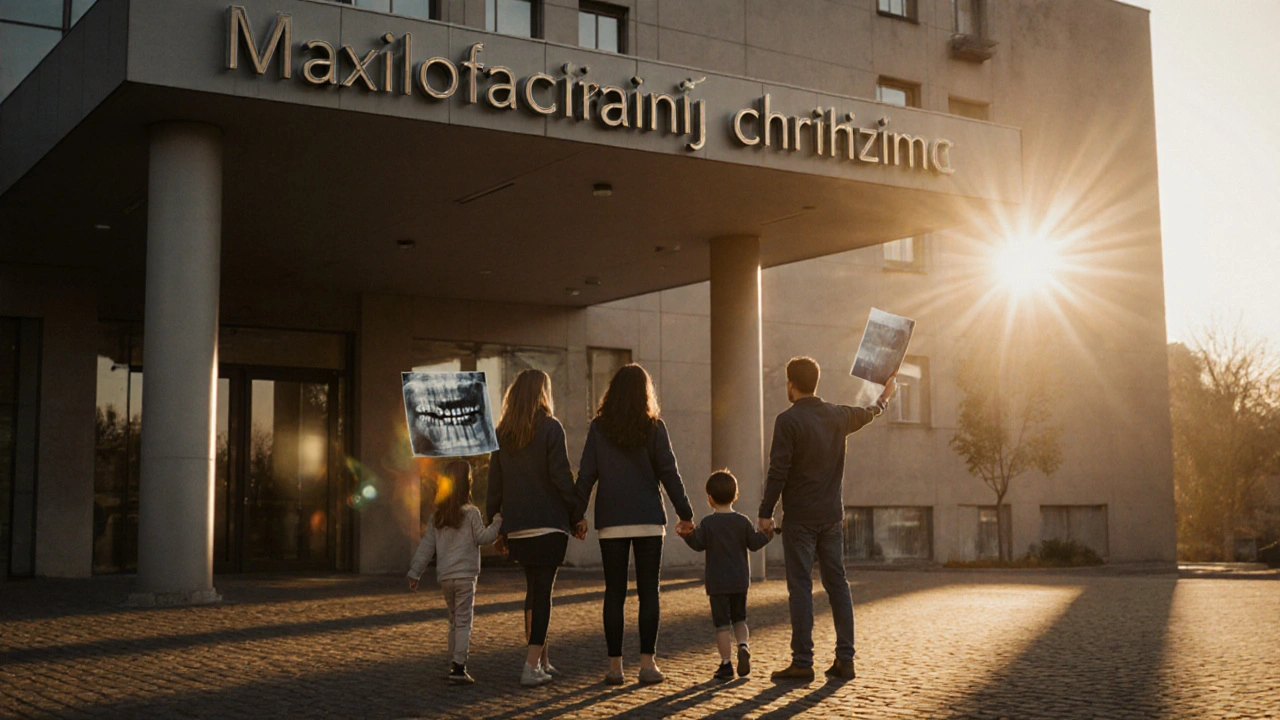Rodina stojí před nemocnicí s ortodontickým zařízením a rentgenem na ranním světle.