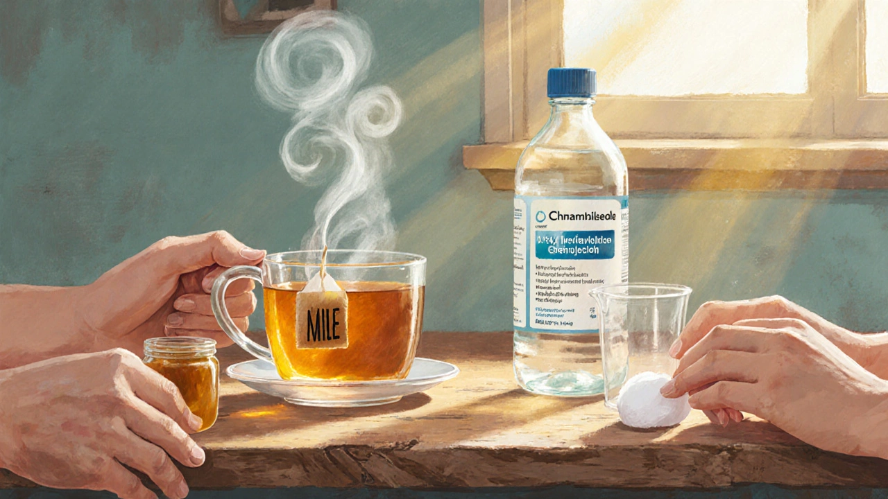 Ruce připravují čaj z heřmánek a sklenici ústní vody s chlorhexidinem.