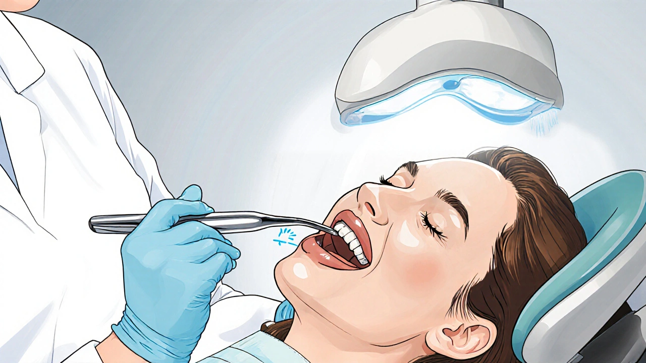 Zubní hygienistka odstraňuje zubní kámen ručními a ultrazvukovými nástroji.