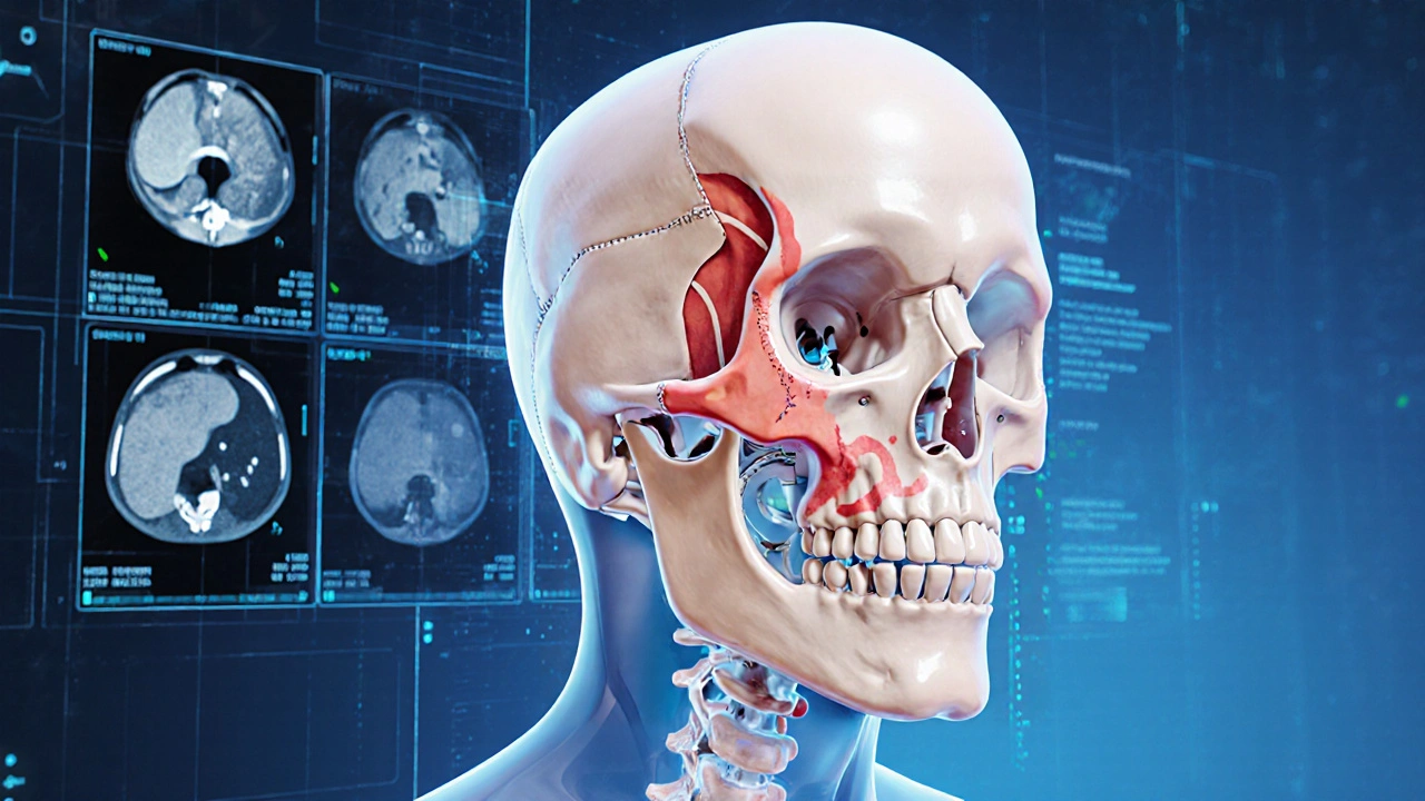 3D model lebky s přesunutými čelistmi během ortognatické operace.