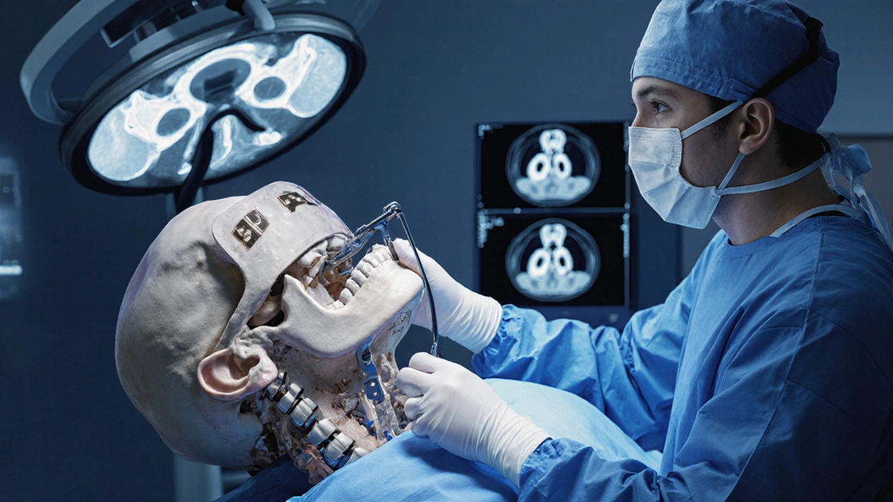 Chirurg provádí operaci čelisti s použitím titanových desek a 3D snímků.