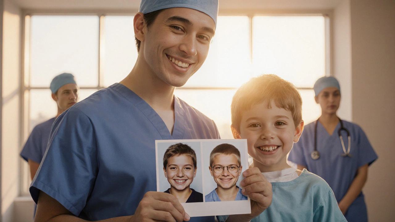 Chirurg stojí vedle dítěte po úspěšné operaci obličeje s před a po fotografii.