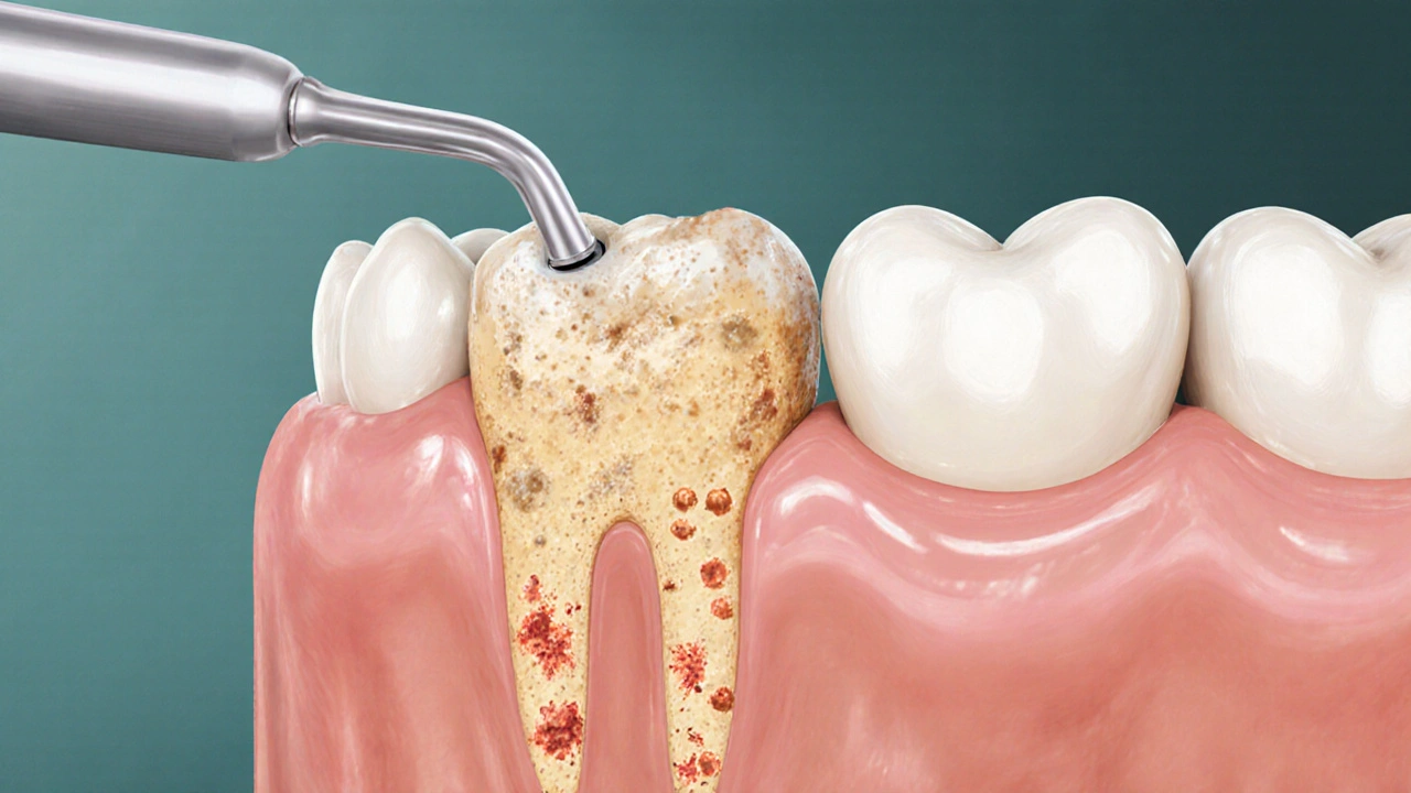 Dental curette removing plaque and tartar from below the gumline during periodontal therapy.