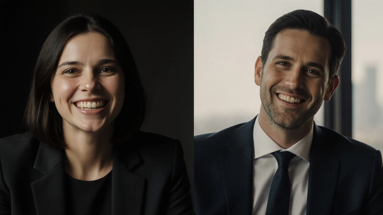 Dva profesionálové na schůzce – jeden s nejistým úsměvem, druhý s sebedůvěrou a rovnými zuby.