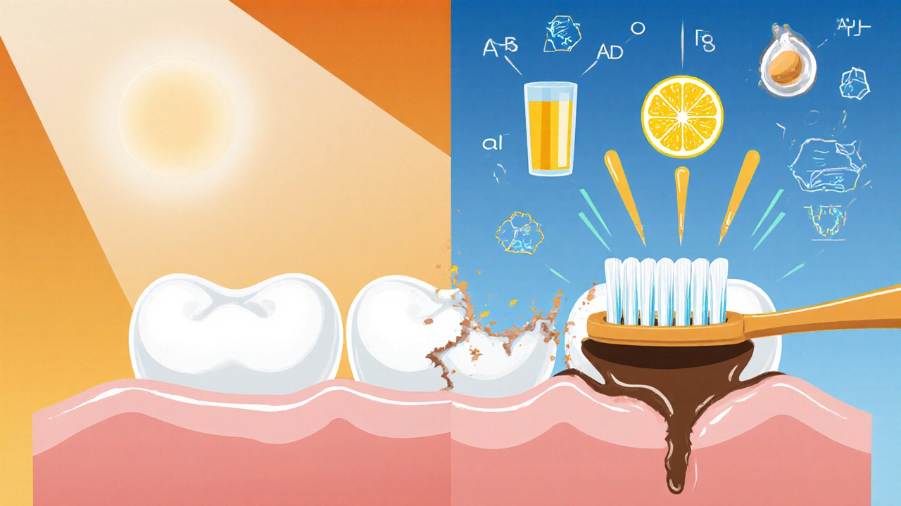 Ilustrace poškození sklovinky kyselinou z jídla a čištění zubů.