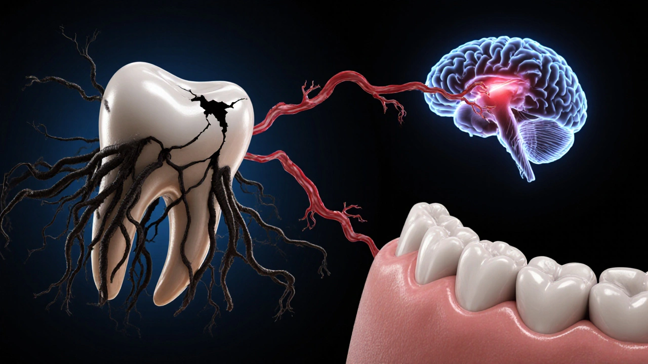 Infected tooth spreading damage to jawbone and bloodstream, contrasted with a healthy tooth.