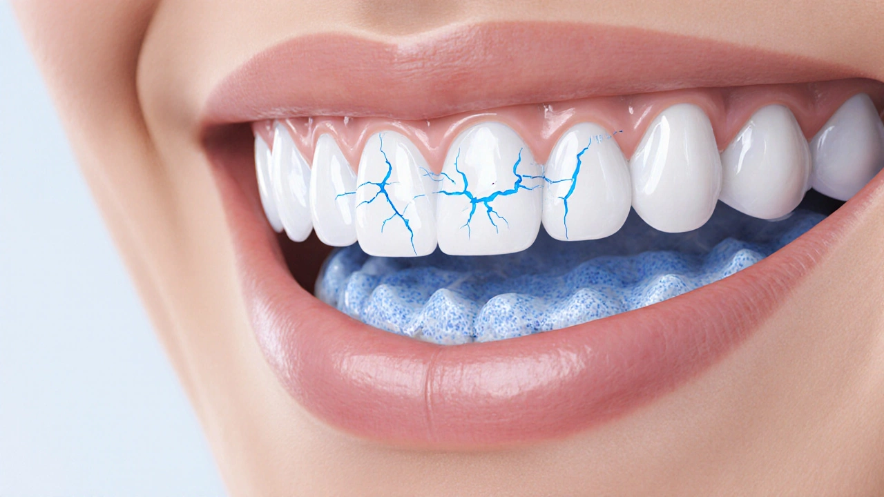 Keramický zubní most s mikrotrhlinami a nánosy plaku pod ním.