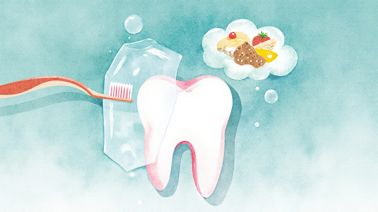 Koncepční obraz zubu jako živého orgánu chráněného slinami před kyselinou.