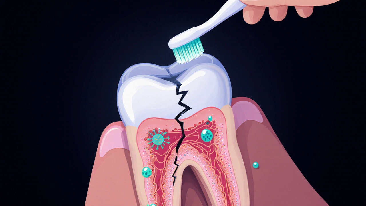 Konceptuální obrázek zubu s vystavenými kanálky a bakteriemi na krčku.