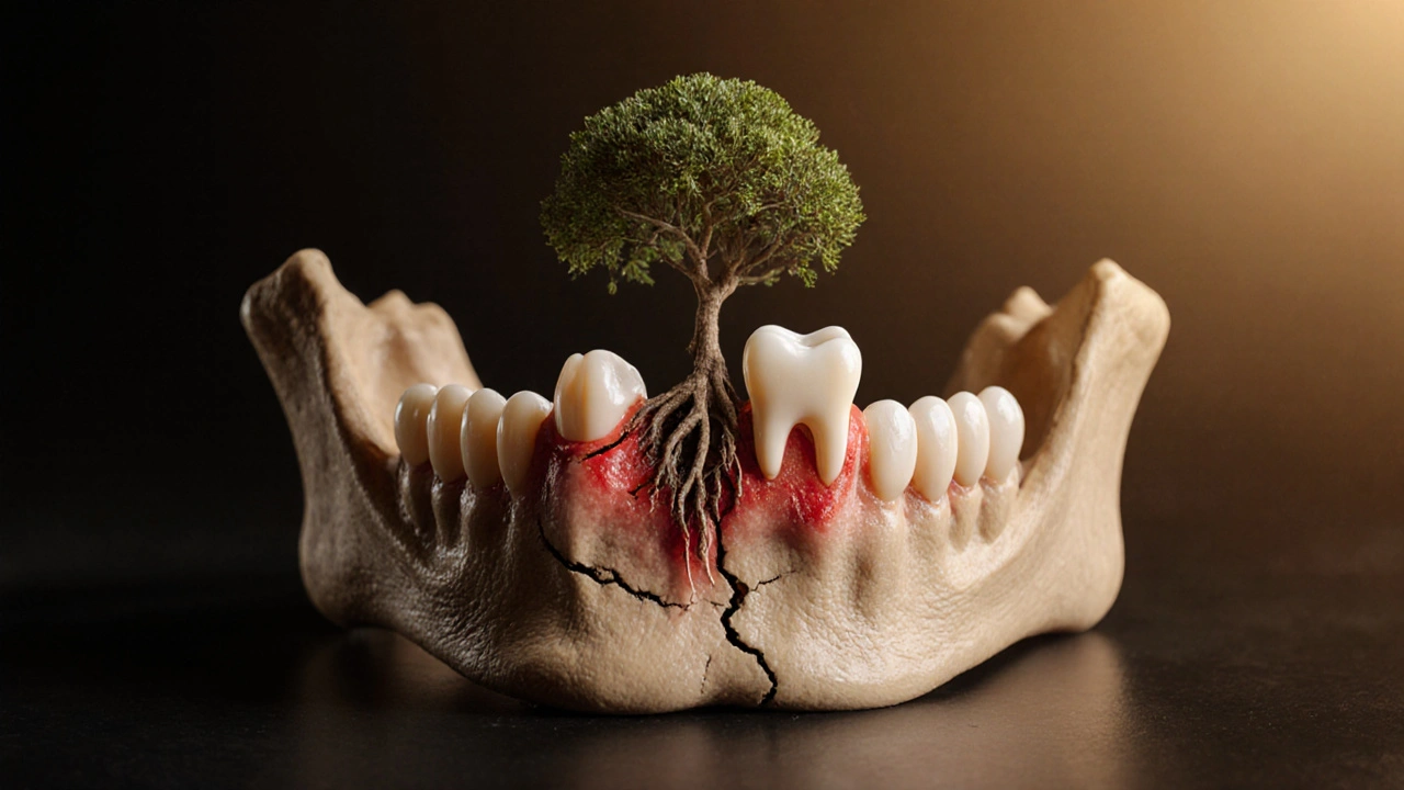 Kost čelisti s prorážející osmičkou a kořeny stromu symbolizující poškození sousedních zubů.