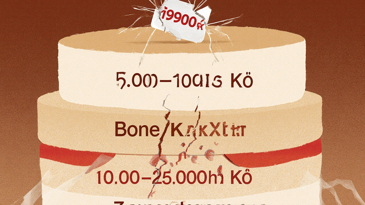 Layered visual breakdown of dental implant costs in Czech koruna, showing implant, bone graft, and zirconia crown components.