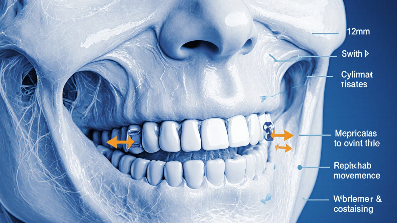 Medicínská ilustrace ukazující 3D tisknutou titanovou desku fixující přesunutou dolní čelist s přesným posunem o 12 mm.