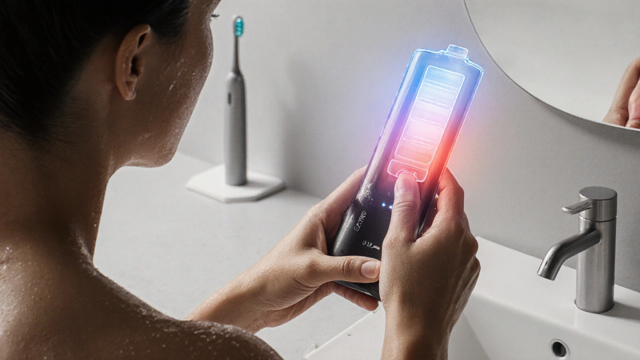 Osoba drží sonický kartáček s oslabujícím indikátorem baterie