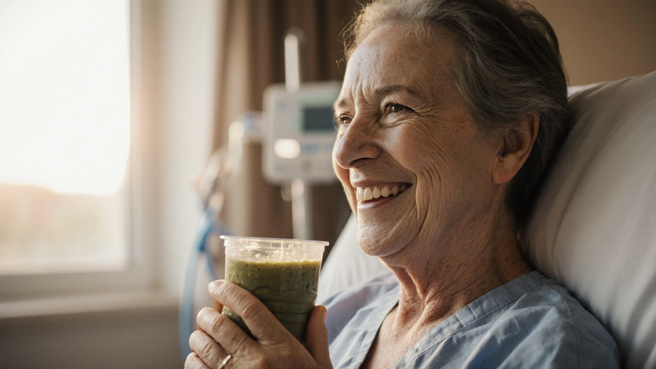 Pacient po operaci čelisti se širokým úsměvem, otoky klesají, pocity radosti.