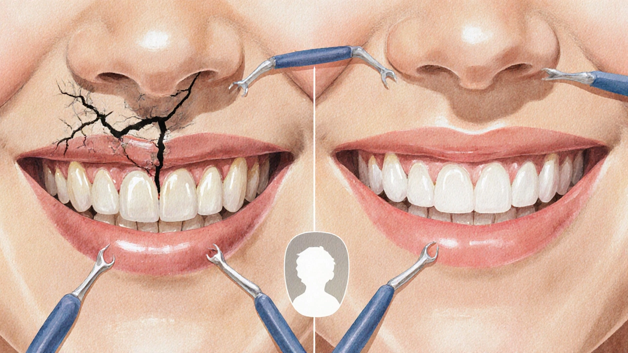 Porovnání poškozeného zubu a zubu obnoveného fazetou.