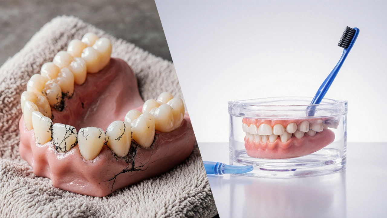 Porovnání staré a nové zubní protézy: poškozená vs. moderní estetická náhrada.