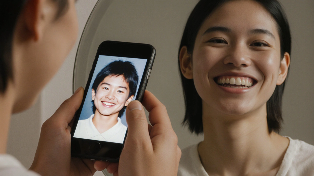 Porovnání staré fotografie a zrcadlového odrazu s novým úsměvem.