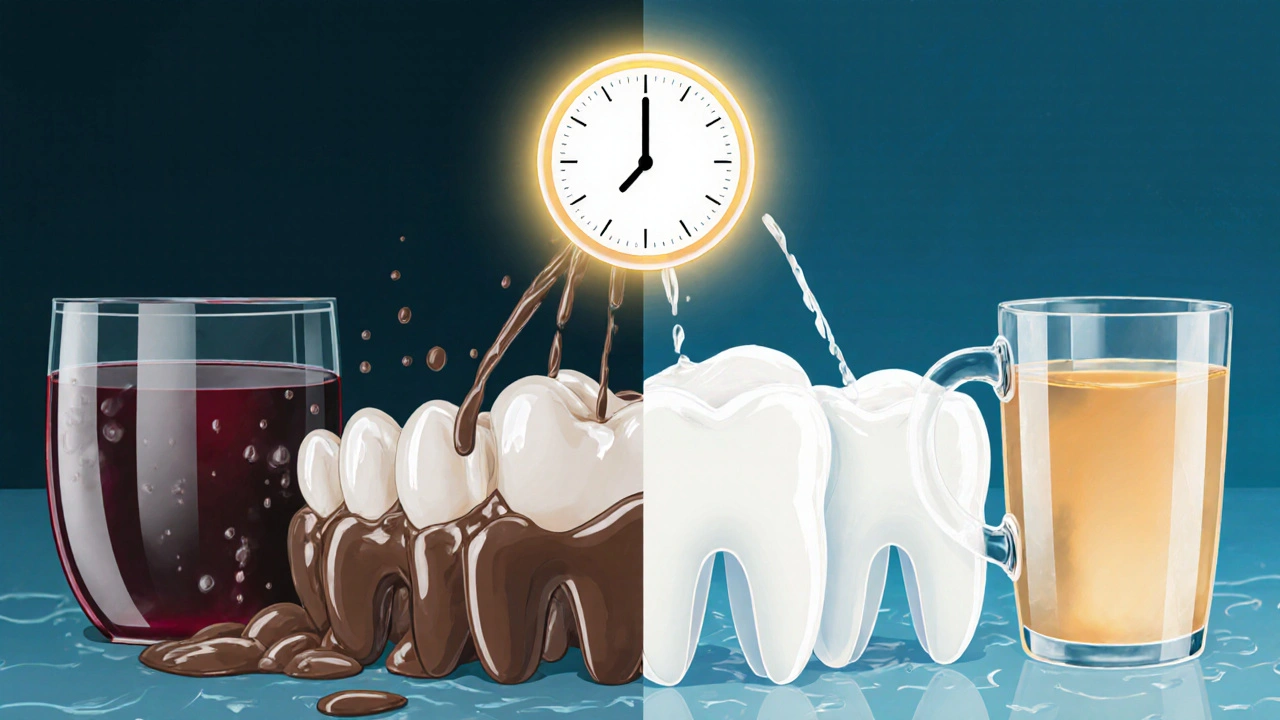 Porovnání tmavých nápojů poškozujících zuby a čistých nápojů ještě po bělení.