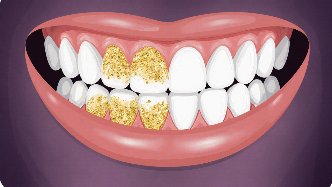 Porovnání zdravých zubů a zubů pokrytých zubním kamenem.