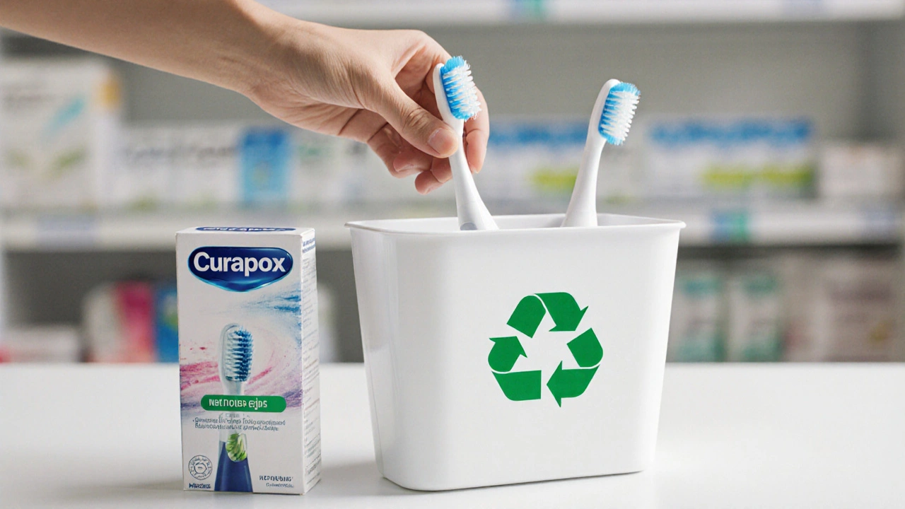 Použitá hlavice kartáčku v recyklačním kontejneru vedle nových náhradních hlavic.