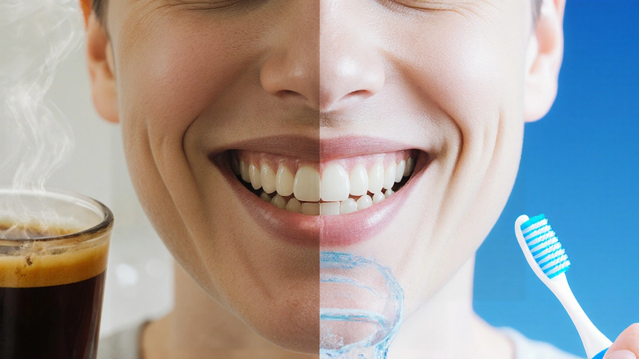 Před a po bělení zubů: žluté zuby vlevo, bílé vpravo, symbolický přechod.