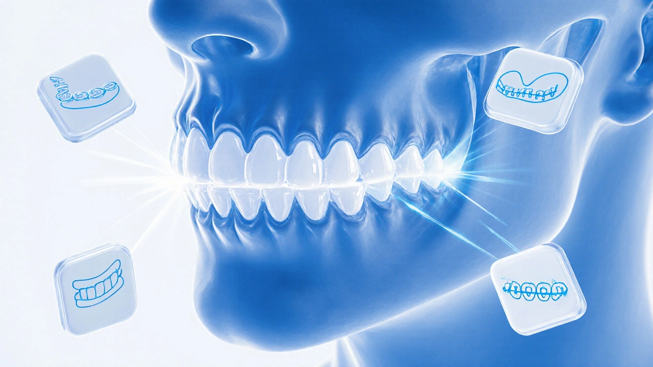 Přední zuby s přechodem od křivosti k rovnosti přes tenké keramické fázy, s ikonami alternativních metod.