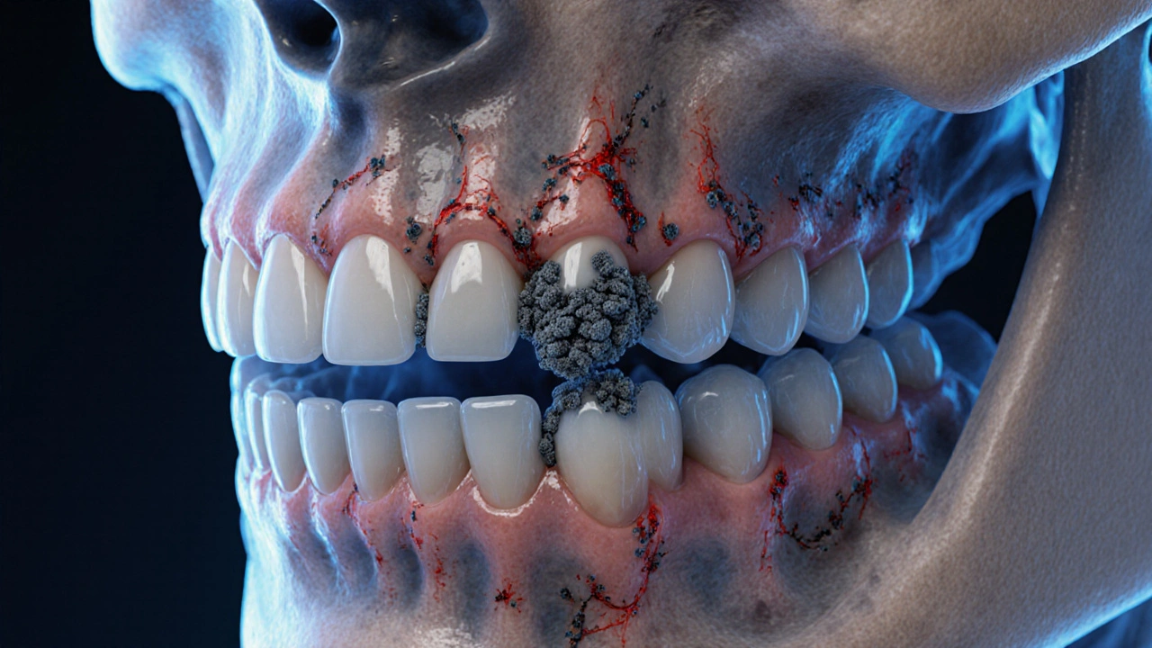 Přehled kosti čelisti s bakteriemi a zubním kamenem ničícími podpěru zubů.