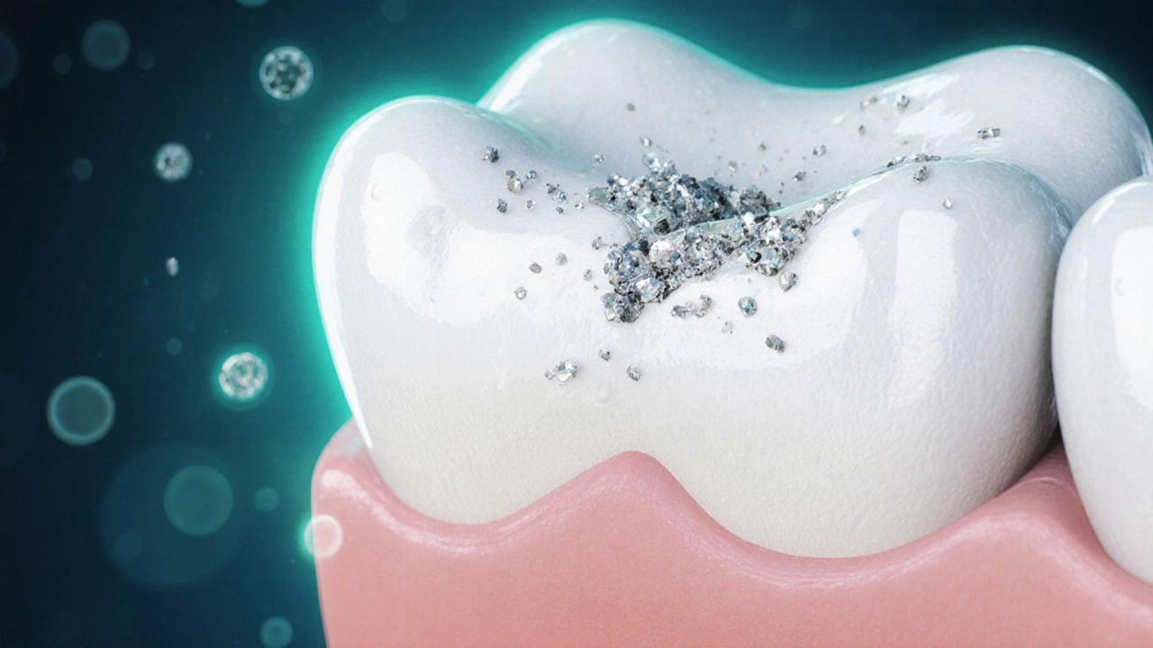 Přehled zubní skloviny s procesem remineralizace a pohybem minerálů.