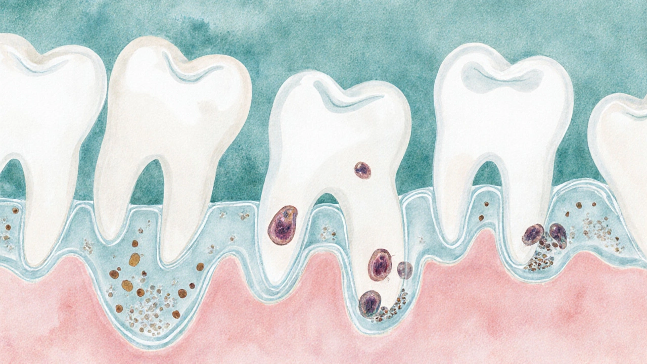 Přehledová ilustrace čtyř zadržených osmiček pod dásní s bakteriemi a zbytky jídla.
