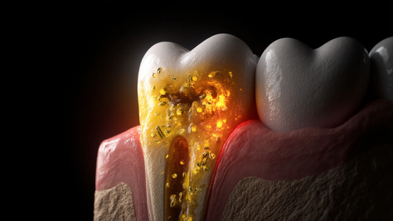 Příčný řez čelistí s hnisavou infekcí kolem kořene zubu