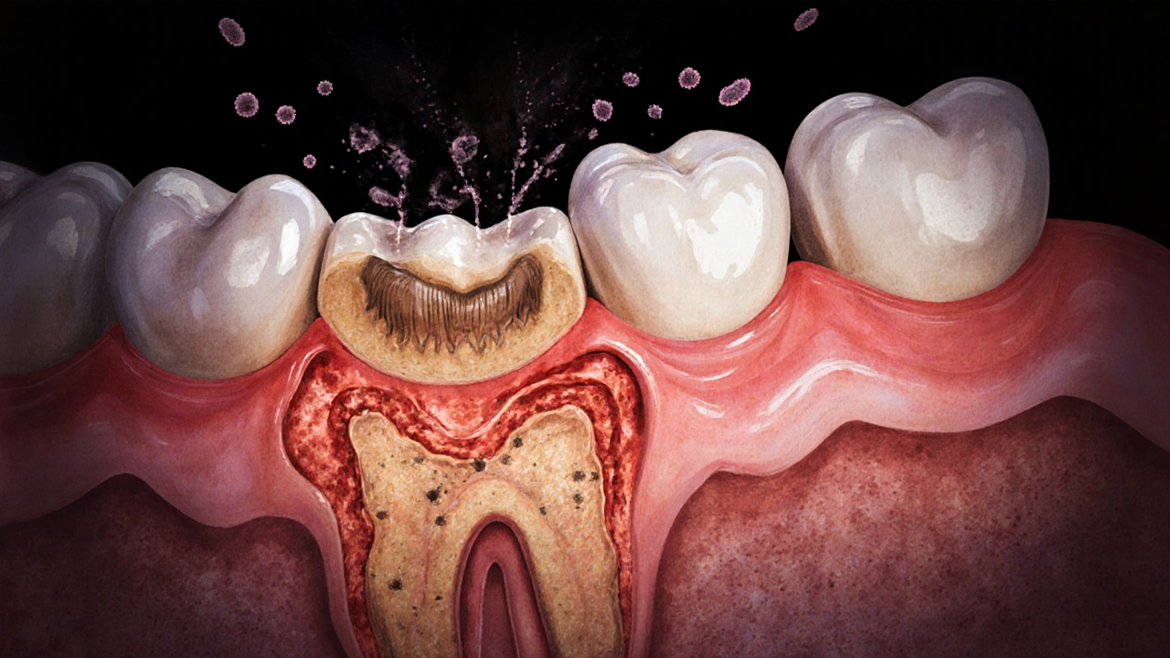 Příčný řez zubu s vyčištěnými kořenovými kanály a zánětem v kosti.