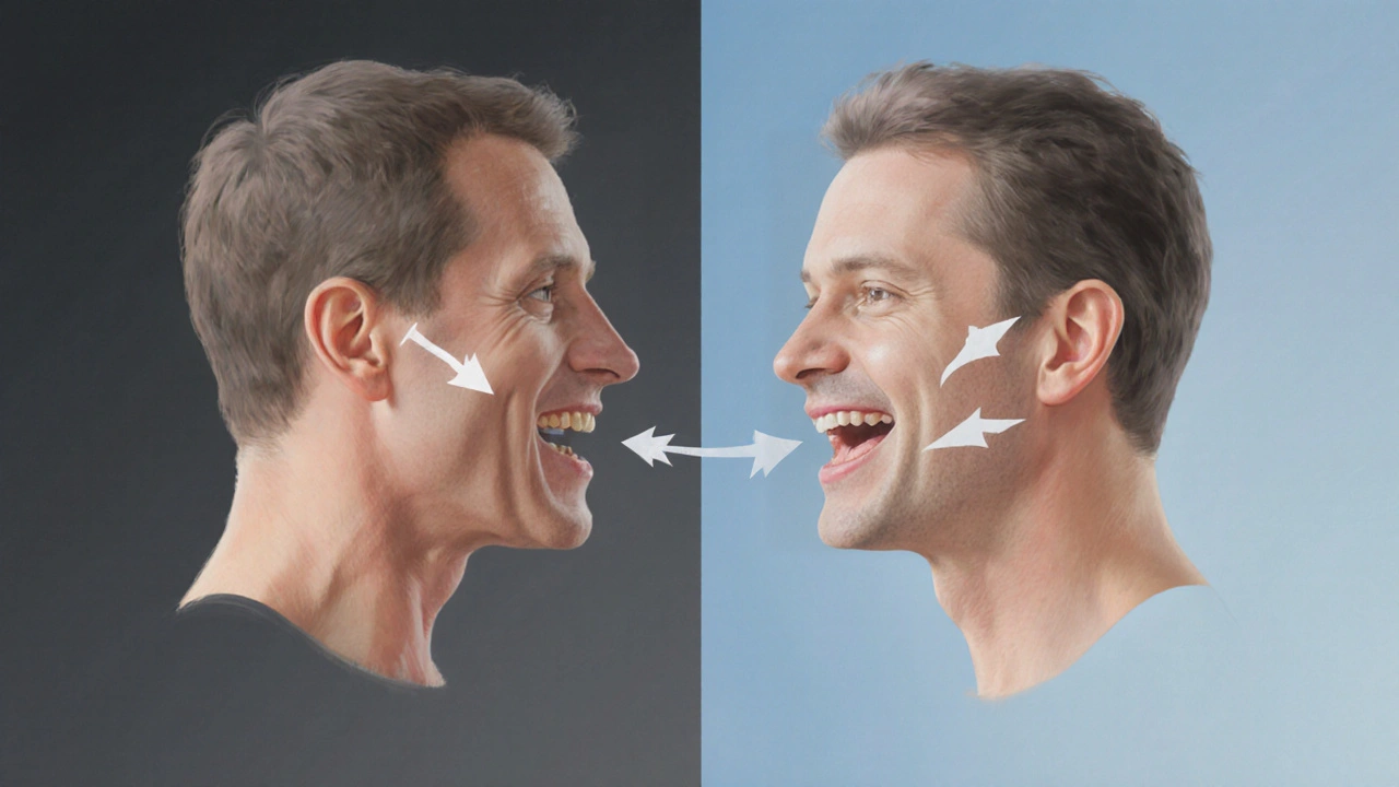 Profily čelisti ukazující přechod od předkusu k vyrovnání pomocí cvičení.