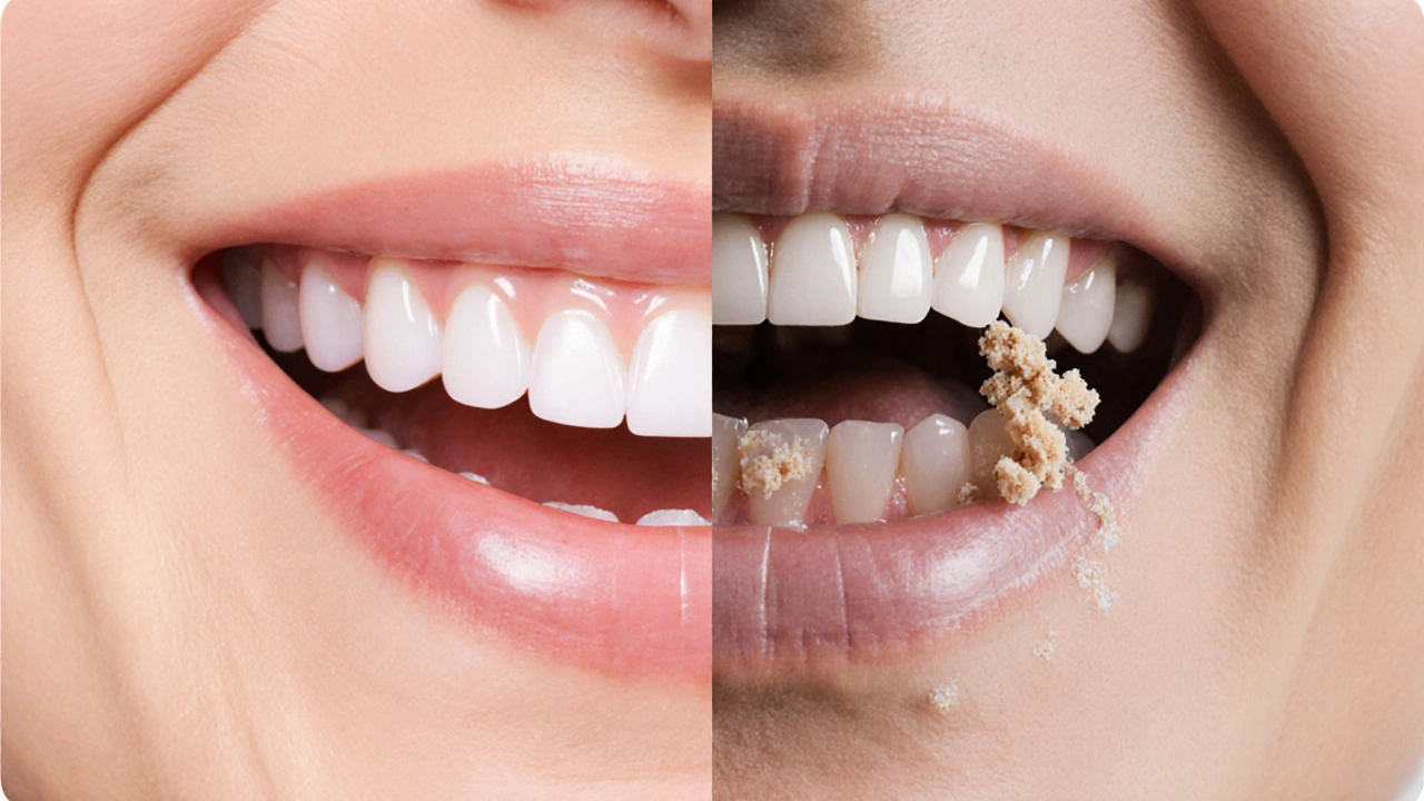 Rozdíl mezi pevně držící a posouvající se zubní protézou.