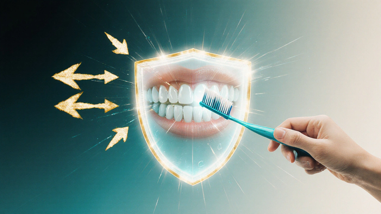 Ruka drží měkký zubní kartáček, kolem zubů se objevuje ochranná světelná vrstva proti kyselinám a opotřebení.