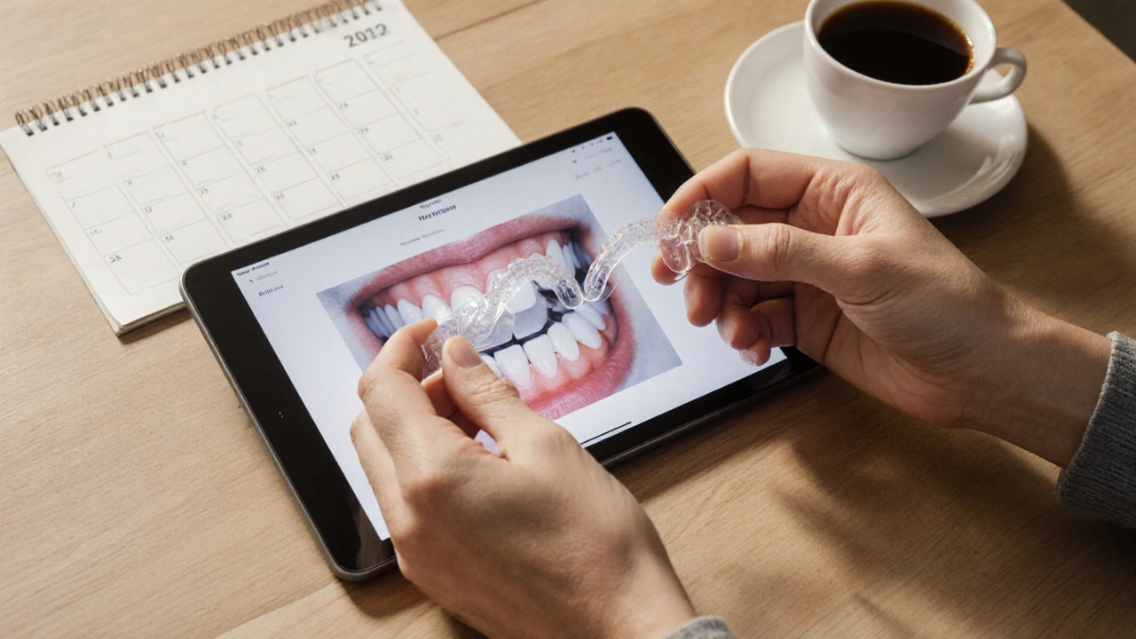 Ruky drží průhledná rovnátka vedle tabletu s 3D zobrazováním přemístění zubů.