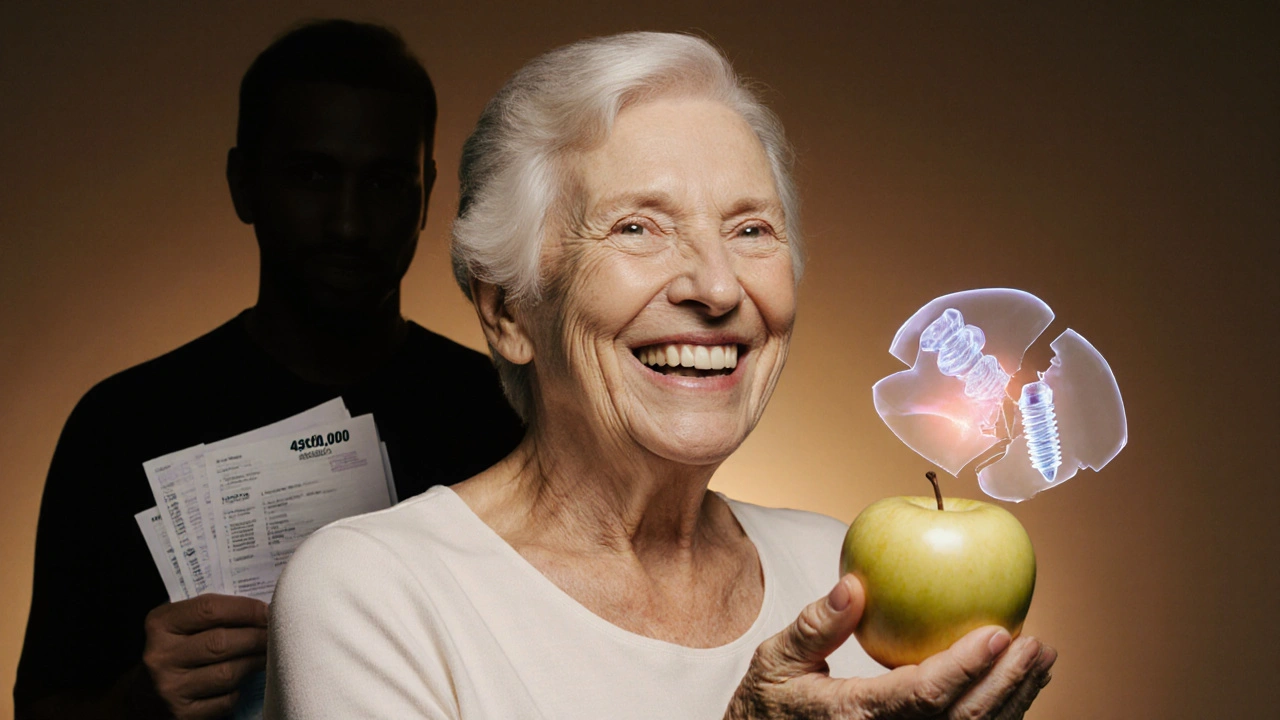 Senior woman smiling with healthy implant, while shadowy figure holds broken implant and high-cost receipts.
